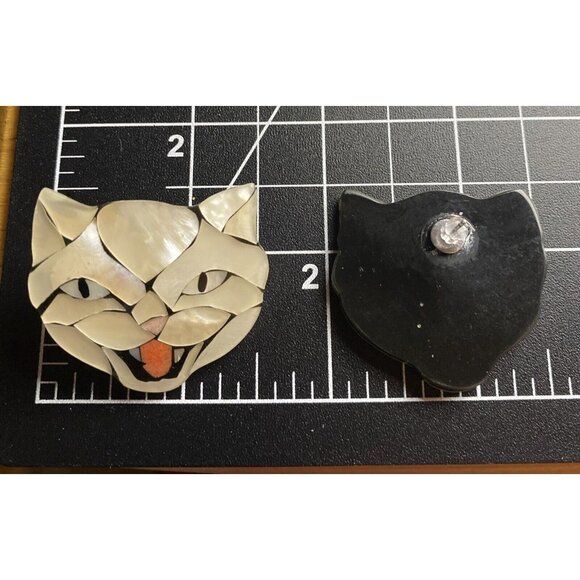Vtg Lee Sands Necklace Earrings Mother of Pearl White Cat Face Black Wood Beads - Picture 12 of 14